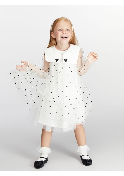 Yeni Sezon Tüllü Kalp Baskılı Kız Çocuk Elbise