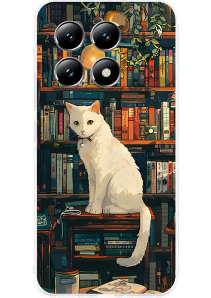 Xiaomi Mi 14T Pro Uyumlu Kitaplık Beyaz Kedi Tasarımlı Baskılı Silikon Kılıf