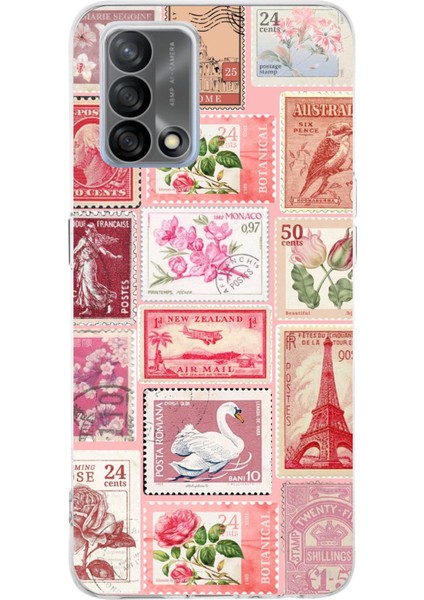 Oppo A74 Uyumlu Pembe Posta Pulları Baskılı Silikon Kılıf