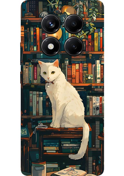 Redmi Note 14 Pro 5g Uyumlu Kitaplık Beyaz Kedi Tasarımlı Baskılı Silikon Kılıf