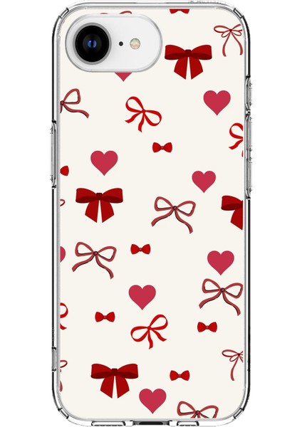 iPhone 16E Uyumlu Bordo Kalp ve Fiyonklar Baskılı Silikon Kılıf