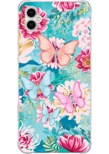 Samsung Galaxy A04 Uyumlu Kelebekler ve Çiçekler Baskılı Silikon Kılıf