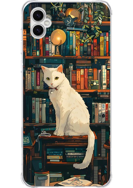 Samsung Galaxy A04 Uyumlu Kitaplık Beyaz Kedi Tasarımlı Baskılı Silikon Kılıf