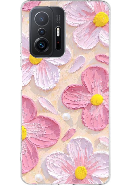 Xiaomi Mi 11T - 11T Pro Uyumlu Pembe Beyaz Çiçekler Sulu Boya Baskılı Silikon Kılıf
