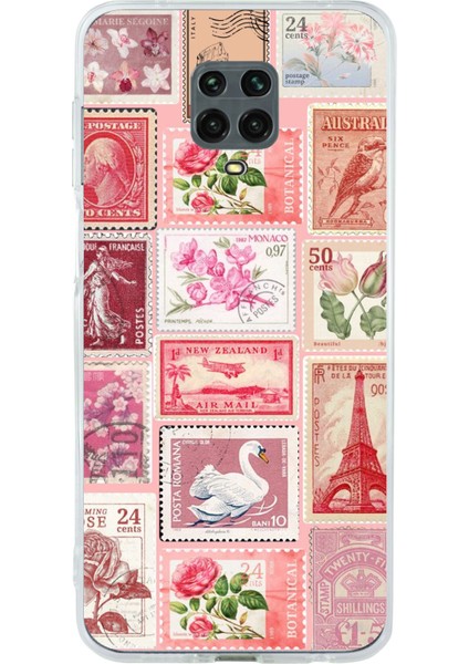 Redmi Note 9 ve 9s Uyumlu Pembe Posta Pulları Baskılı Silikon Kılıf