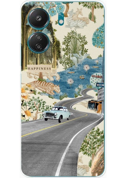 Redmi 13C - Poco C65 Uyumlu Yeşil Sanatsal Yol Çiçekler Baskılı Silikon Kılıf