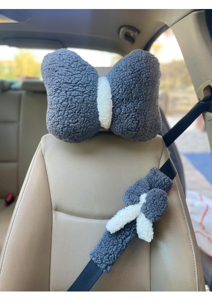 Oto Koltuğu Boyun Yastığı ve Emniyet Kemeri-Koyu Gri-Pelüş Araç Yastığı ve Emniyet Kemeri Seti
