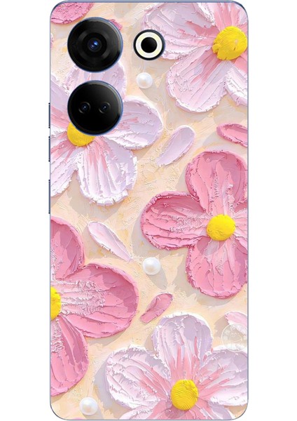 Tecno Camon 20 - 20 Pro 4g Uyumlu Pembe Beyaz Çiçekler Sulu Boya Baskılı Silikon Kılıf
