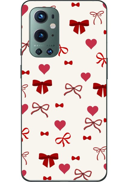 Oneplus 9 Pro Uyumlu Bordo Kalp ve Fiyonklar Baskılı Silikon Kılıf