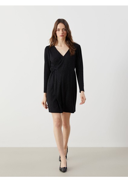 Yeni Sezon Kruvaze Yaka Parlak Görünümlü Elbise