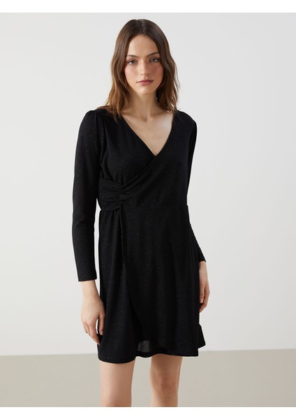 Yeni Sezon Kruvaze Yaka Parlak Görünümlü Elbise fiyatları