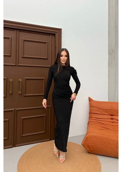 Kadın Drapeli Uzun Kollu Omuz Detaylı Uzun Elbise fiyatları