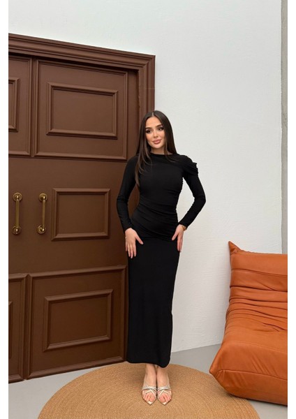 Kadın Drapeli Uzun Kollu Omuz Detaylı Uzun Elbise modelleri