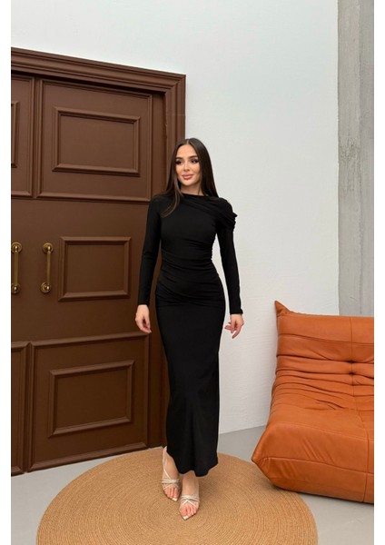 Kadın Drapeli Uzun Kollu Omuz Detaylı Uzun Elbise fırsatları