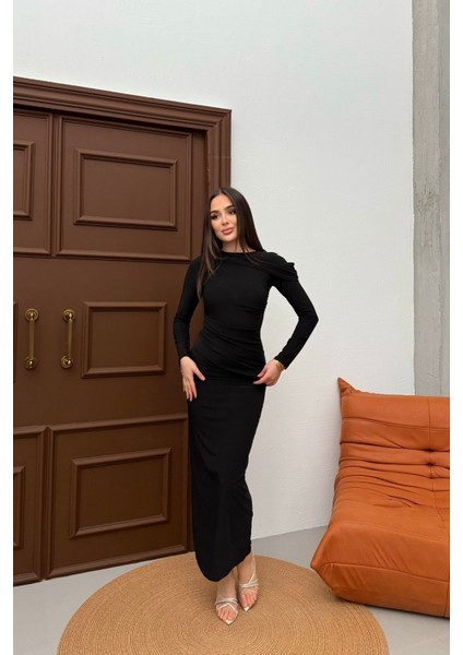 Kadın Drapeli Uzun Kollu Omuz Detaylı Uzun Elbise indirimleri