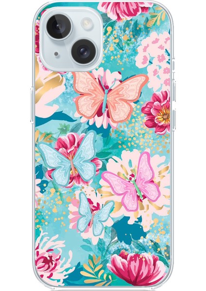 iPhone 15 Uyumlu Kelebekler ve Çiçekler Baskılı Silikon Kılıf