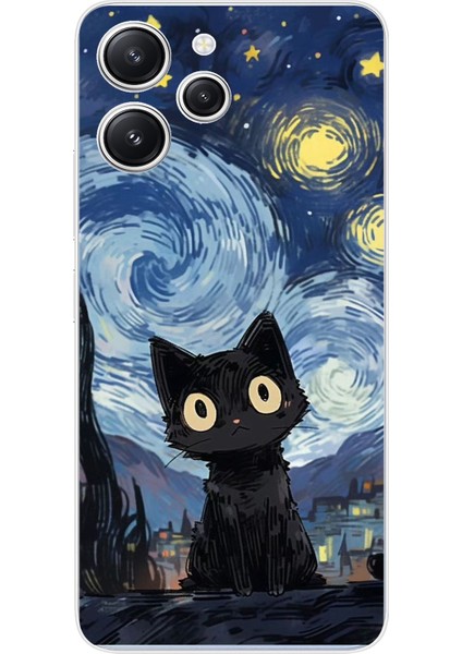 Redmi 12 Uyumlu Gece Yarısı Kedi Tasarımlı Baskılı Silikon Kılıf