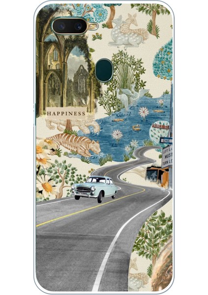 Oppo A5S-AX7-A12 Uyumlu Yeşil Sanatsal Yol Çiçekler Baskılı Silikon Kılıf