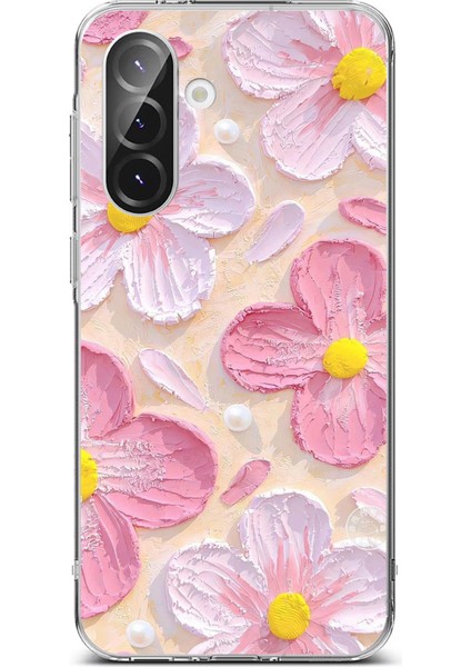 Samsung Galaxy A56 Uyumlu Pembe Beyaz Çiçekler Sulu Boya Baskılı Silikon Kılıf