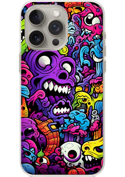 iPhone 15 Pro Max Uyumlu Psikodeli Renkli Canavarlar Baskılı Silikon Kılıf