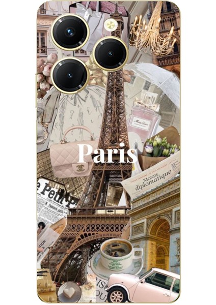 Tecno Spark 20 Pro Uyumlu Paris Kolaj Baskılı Silikon Kılıf