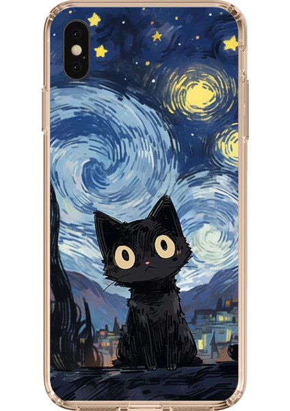 iPhone Xs Max Uyumlu Gece Yarısı Kedi Tasarımlı Baskılı Silikon Kılıf