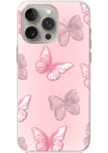 iPhone 15 Pro Max Uyumlu Pembe Kelebekler Baskılı Silikon Kılıf