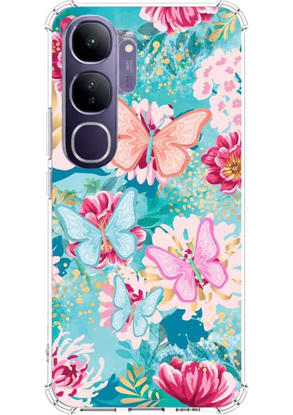 Vivo V40 Lite Uyumlu Kelebekler ve Çiçekler Baskılı Silikon Kılıf
