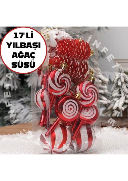 17'li Karışık Lüks Yılbaşı Çam Ağacı Süsü Kırmızı Noel Şeker Kamışı Süsü