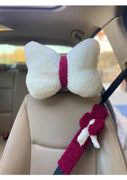 Oto Koltuğu Boyun Yastığı ve Emniyet Kemeri Kılıfı-Beyaz-Pelüş Araç Yastığı ve Emniyet Kemeri Seti