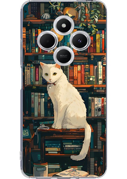 Redmi 14C Uyumlu Kitaplık Beyaz Kedi Tasarımlı Baskılı Silikon Kılıf