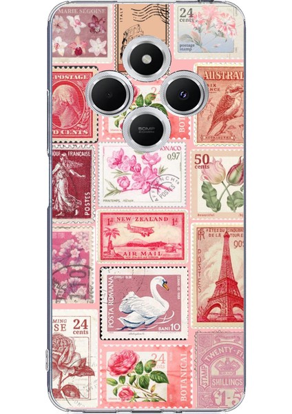 Redmi 14C Uyumlu Pembe Posta Pulları Baskılı Silikon Kılıf
