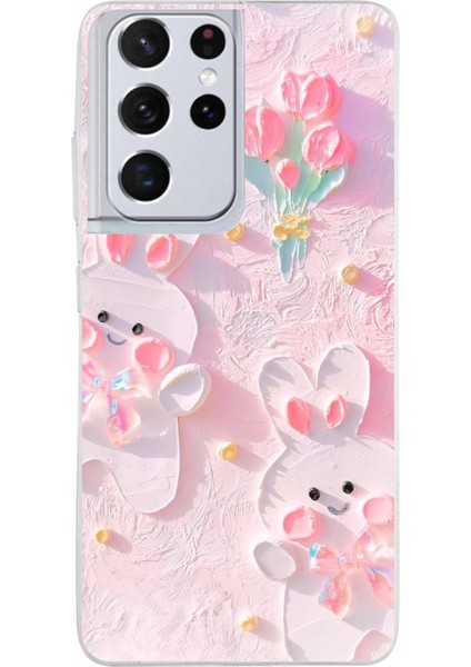 Samsung Galaxy S21 Ultra Uyumlu Sevimli Tavşanlar Baskılı Silikon Kılıf