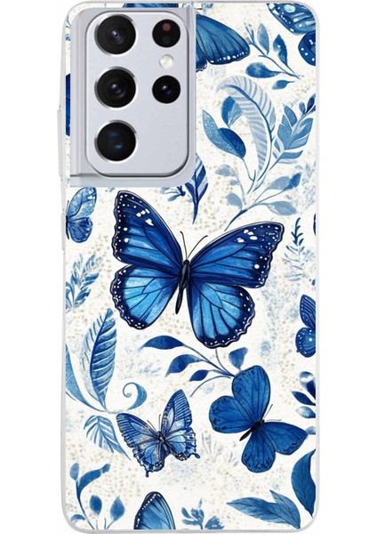Samsung Galaxy S21 Ultra Uyumlu Mavi Kelebekler Baskılı Silikon Kılıf