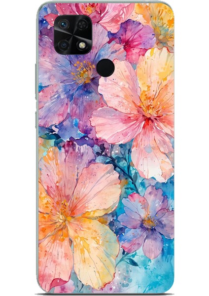 Redmi 10C - Poco C40 Uyumlu Renkli Çiçekler Sulu Boya Baskılı Silikon Kılıf