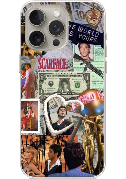 iPhone 15 Pro Max Uyumlu Scarface Kolaj Tasarımlı Baskılı Silikon Kılıf