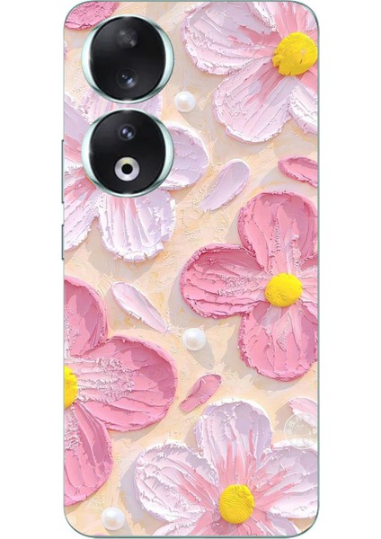 Honor 90 Uyumlu Pembe Beyaz Çiçekler Sulu Boya Baskılı Silikon Kılıf