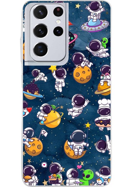 Samsung Galaxy S21 Ultra Uyumlu Minik Astronotlar Uzayda Baskılı Silikon Kılıf