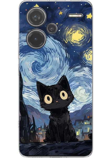 Redmi Note 13 Pro Plus 5g Uyumlu Gece Yarısı Kedi Tasarımlı Baskılı Silikon Kılıf