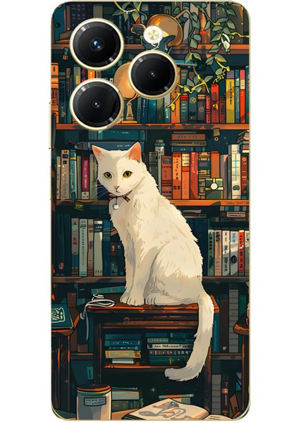 Tecno Spark 20 Pro Uyumlu Kitaplık Beyaz Kedi Tasarımlı Baskılı Silikon Kılıf