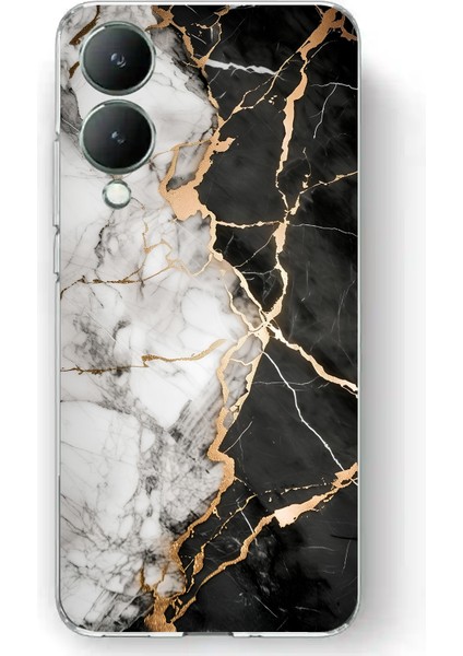 Vivo Y17S Uyumlu Siyah Beyaz Mermer Baskılı Silikon Kılıf