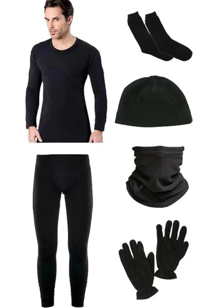 Siyah Termal Içlik Takımı Polar Bere Boyunluk Eldiven Havlu Çorap Seti