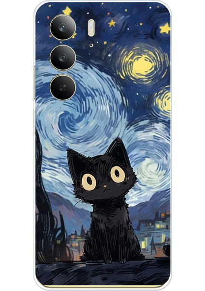 Realme C75 Uyumlu Gece Yarısı Kedi Tasarımlı Baskılı Silikon Kılıf