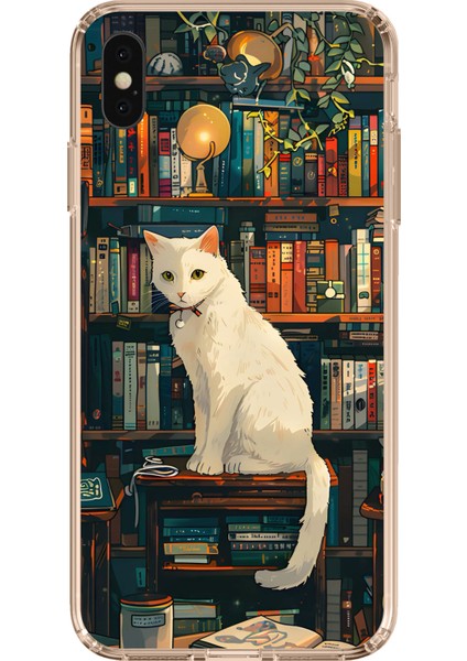 iPhone Xs Max Uyumlu Kitaplık Beyaz Kedi Tasarımlı Baskılı Silikon Kılıf