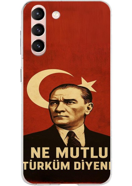 Samsung Galaxy S21 Uyumlu Ne Mutlu Türkiye Bayrak Atatürk Baskılı Silikon Kılıf
