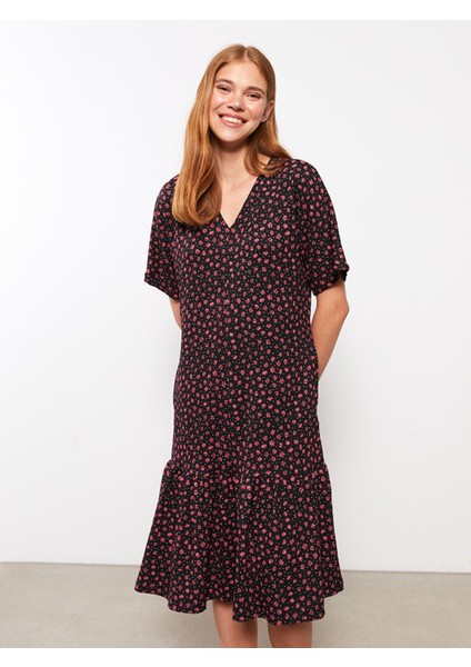 Yeni Sezon V Yaka Desenli Kısa Kollu Elbise