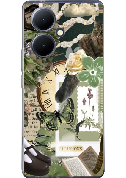 Vivo V29 Lite Uyumlu Yeşil Estetik Pano Kolaj Baskılı Silikon Kılıf