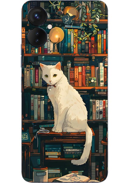 Tecno Spark 9 Pro Uyumlu Kitaplık Beyaz Kedi Tasarımlı Baskılı Silikon Kılıf