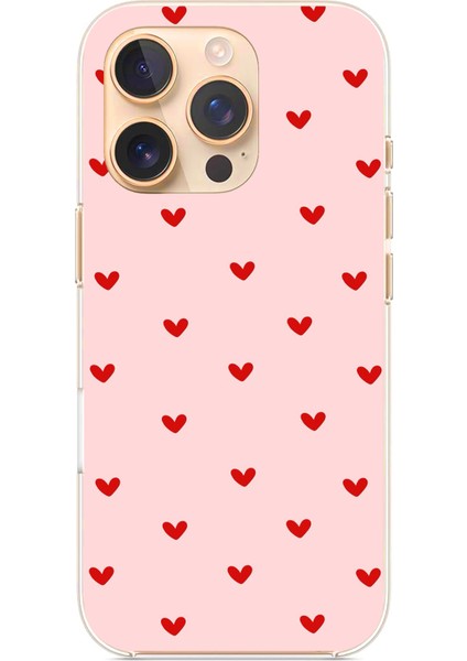 iPhone 16 Pro Uyumlu Kırmızı Minik Kalpler Baskılı Silikon Kılıf