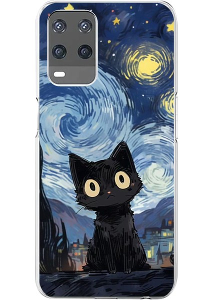 Oppo A54 Uyumlu Gece Yarısı Kedi Tasarımlı Baskılı Silikon Kılıf